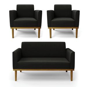 Conjunto 2 Poltronas e 1 Namoradeira Decorativa Isabella Pés Fixo em Madeira Castanho Suede Preto G19 - Gran Belo