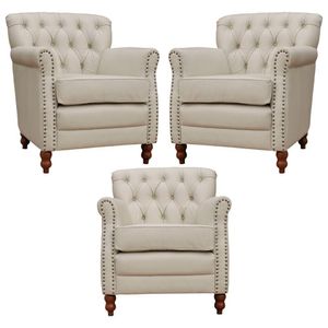 Kit 03 Poltronas Decorativas Sala de Estar Níger Pés Madeira Couro Off White G58 - Gran Belo