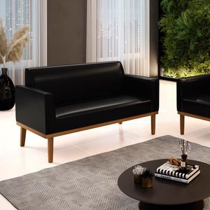 Poltrona Namoradeira Decorativa Isabella Pés Fixo em Madeira Castanho PU Preto Brilho G19 - Gran Belo
