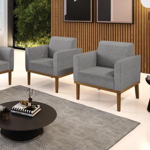 Kit 2 Poltronas Decorativas Isabella Pés Fixo em Madeira Castanho Linho Cinza Mesclado G19 - Gran Belo