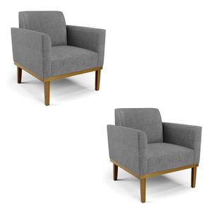 Kit 2 Poltronas Decorativas Isabella Pés Fixo em Madeira Castanho Linho Cinza Mesclado G19 - Gran Belo