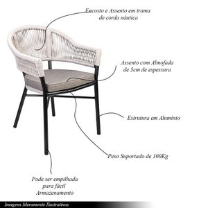 Kit 5 Cadeiras Área Externa de Alumínio Bear com Corda Naútica Preto/Amêndoa G56 - Gran Belo