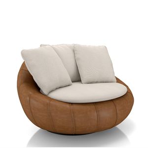 Poltrona Giratória Sala de Estar com Almofadas Afrodite Off White Caramelo Manchado Linho/PU G45 - Gran Belo