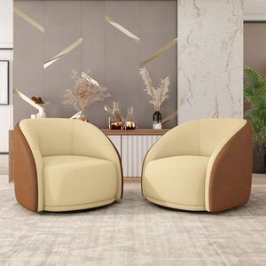 Kit 2 Poltronas Decorativas Jenny Base Giratória em Metal Preto Bouclê Bege/Caramelo G45 - Gran Belo