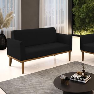 Poltrona Namoradeira Decorativa Isabella Pés Fixo em Madeira Castanho Linho Preto G19 - Gran Belo