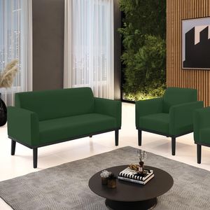 Conjunto Poltrona e Namoradeira Decorativa Isabella Pés Fixo em Madeira Preto Veludo Verde Esmeralda G19 - Gran Belo