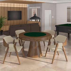 Conjunto Mesa de Jogos Carteado Bellagio Tampo Reversível Verde e 4 Cadeiras Madeira Poker Base Cone Linho OffWhite/Nogueira G42 - Gran Belo