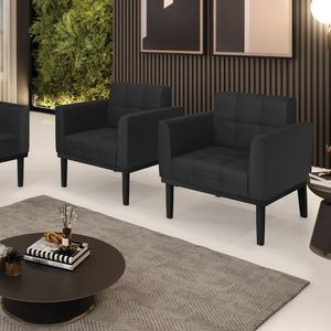 Kit 2 Poltronas Decorativas Karen Pés Fixo em Madeira Preto PU Preto G19 - Gran Belo