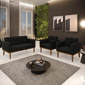 Conjunto 2 Poltronas e 1 Namoradeira Decorativa Karen Pés Fixo em Madeira Castanho Suede Preto G19 - Gran Belo