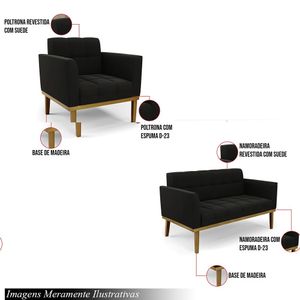 Conjunto 2 Poltronas e 1 Namoradeira Decorativa Karen Pés Fixo em Madeira Castanho Suede Preto G19 - Gran Belo