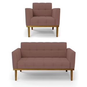 Conjunto Poltrona e Namoradeira Decorativas Karen Pés Fixo em Madeira Castanho Veludo Rose G19 - Gran Belo