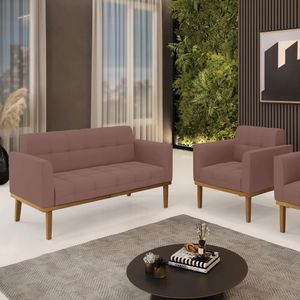 Conjunto Poltrona e Namoradeira Decorativas Karen Pés Fixo em Madeira Castanho Veludo Rose G19 - Gran Belo