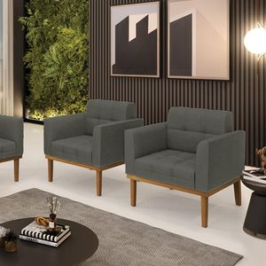 Kit 2 Poltronas Decorativas Karen Pés Fixo em Madeira Castanho Linho Cinza Mesclado G19 - Gran Belo