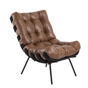 Poltrona e Puff Decorativos Sala de Estar Costela Base Preta Couro Mel G34 - Gran Belo
