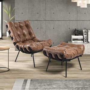 Poltrona e Puff Decorativos Sala de Estar Costela Base Preta Couro Mel G34 - Gran Belo