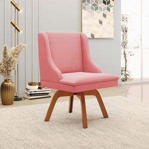 Poltrona Decorativa Base Giratória de Madeira Firenze Suede Rosê/Natural G19 - Gran Belo