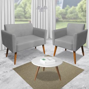 Conjunto Namoradeira e 2 Poltronas Decorativas Isabella Pés Palito Madeira Suede Grafite G19 - Gran Belo