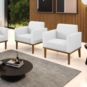 Kit 2 Poltronas Decorativas Isabella Pés Fixo em Madeira Castanho PU Branco G19 - Gran Belo