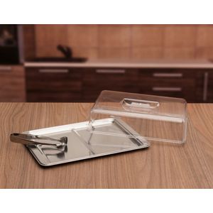 Kit Porta Frios Brinox 3 peças inox - empilhável (bandeja 27cm x 18,5cm / cúpula 23cm x 18cm x 5,8cm e pinça para frios - Linha Átina