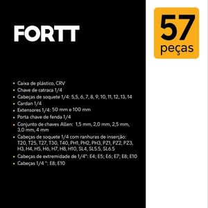 Kit Maleta Jogo De Chave Catraca Completo 57 Peças Fortt Preto - Kjc001-p