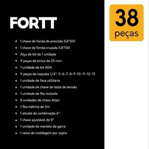 Kit Maleta Jogo De Ferramentas 38 Peças Fortt Preto - Kmf001-p