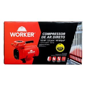 Compressor De Ar Direto 1/2Hp 370W 2,8Bar 40Psi 2,3Pcm Bivolt Com Pistola Worker