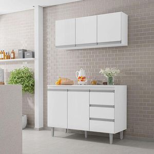 Balcão De Cozinha Com Tampo 120 Cm E Armário Aéreo Andréia Branco Brilho - Ajl