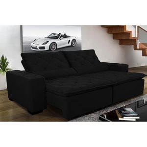 Sofá Magnum 3,02m Retrátil, Reclinável Com Molas E Almofadas Lombar Tecido Suede Velusoft Preto