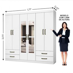 Guarda Roupa Casal Lu 6 Portas 4 Gavetas Com Espelho Branco