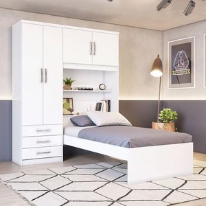 Guarda Roupa Solteiro 4 Portas 3 Gavetas London Casa 812 Branco Ou Branco Com Rosa Chá