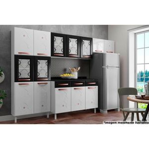 Kit Cozinha Modulada 3pçs 4pçs 2 Armários C/5 Portas Vidro 1 Balcão 1 Paneleiro Branco/Preto Telasul