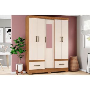 Guarda Roupa 5 Portas E 2 Gavetas C/ Espelho Briz B60 Nature/off White - Henn