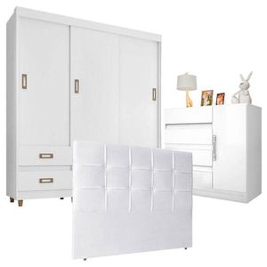 Quarto De Casal Guarda Roupa 37020 E Cômoda Exellence 8000 Com Cabeceira Luiza 140 Cm Branco - Araplac