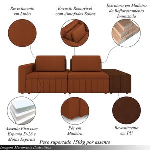 Sofá Ilha com Encosto e Almofadas Móveis Olimpo 245cm Modulado Linho/PU Terracota/Marrom G45 - Gran Belo