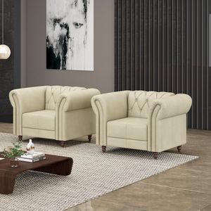 Kit 2 Poltronas Decorativas Sala de Estar Stanford Chesterfield Pés de Madeira Couro Off White G58 - Gran Belo