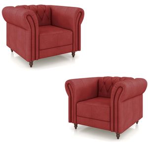 Kit 2 Poltronas Decorativas Sala de Estar Stanford Chesterfield Pés de Madeira Couro Vermelho G58 - Gran Belo