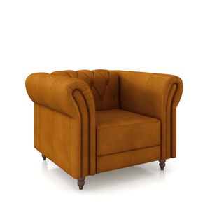 Poltrona Decorativa Sala de Estar Stanford Chesterfield Pés de Madeira Couro Mel G58 - Gran Belo
