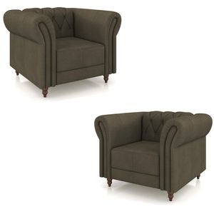 Kit 2 Poltronas Decorativas Sala de Estar Stanford Chesterfield Pés de Madeira Couro Capuccino G58 - Gran Belo