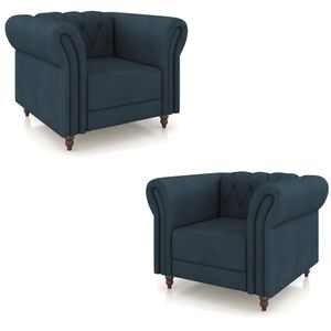 Kit 2 Poltronas Decorativas Sala de Estar Stanford Chesterfield Pés de Madeira Couro Azul Marinho G58 - Gran Belo