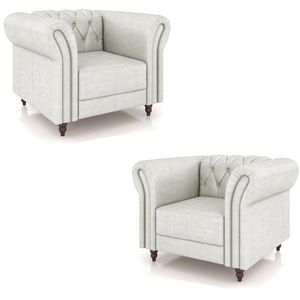 Kit 2 Poltronas Decorativas Sala de Estar Stanford Chesterfield Pés de Madeira Couro Branco Manchado G58 - Gran Belo