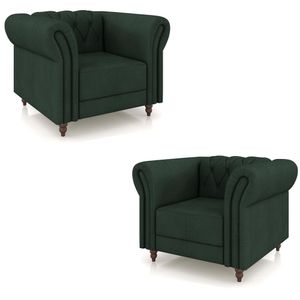 Kit 2 Poltronas Decorativas Sala de Estar Stanford Chesterfield Pés de Madeira Couro Verde G58 - Gran Belo