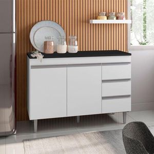 Balcão De Cozinha Andréia Branco Com Tampo 120 Cm Preto Fosco - Ajl