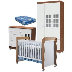 Quarto De Bebê Mariah 3p Com Berço Mirelle Branco Acetinado Amadeirado Com Colchão - Carolina