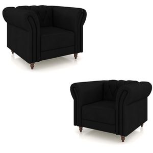 Kit 2 Poltronas Decorativas Sala de Estar Stanford Chesterfield Pés de Madeira Couro Preto G58 - Gran Belo