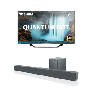 Combo Cinema - Tela Toshiba QLED 65 Pol. Smart VIDAA HDR e Caixa de Som Soundbar + Subwoofer 320W Bt/Coax/Óptico/Aux Cinza Pulse - TB002K