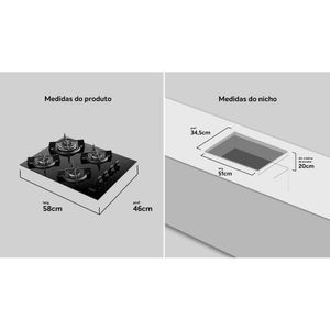 Cooktop 4 Bocas Dako Supreme A Gás Acendimento Automático E Tripla Chama Preto Bivolt