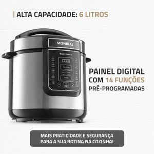 Panela de Pressão Elétrica Digital 6L Mondial Preto/Inox - PE-60-6L-I