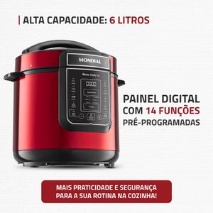 Panela de Pressão Elétrica Digital 6L, Mondial, Vermelho/Inox - PE-60-6L-RI