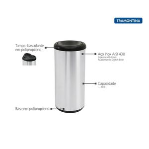 Lixeira Inox Tramontina Cápsula Selecta Plus Basculante Pret