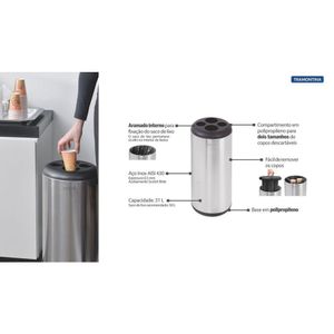 Lixeira Inox Tramontina Porta Copos com Acabamento Scotch Brite Base e Aro em Polipropileno 31 L